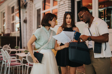 Multicultural startup business team collaborating in an outdoor meeting at a trendy urban city area. Engaged group discussing documents and ideas.