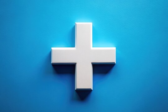 A white cross on a blue background, a universally recognized emblem of medical assistance, emergency care, and health services.