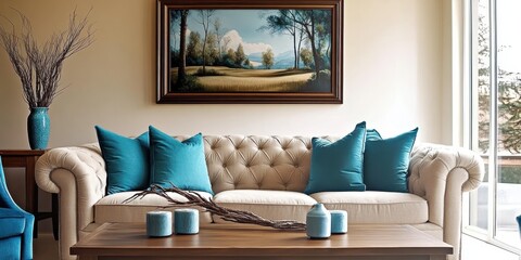 interior, contemporary living room, beige tufted sofa, aqua blue accent pillows, wooden coffee...