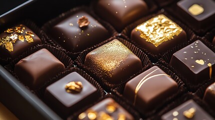 A close-up of a box of gourmet chocolates, each piece adorned with delicate gold leaf.