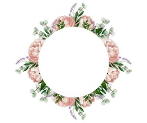 Round frame, wreath of pink, beige peonies and buds with green leaves, eucalyptus cotoneaster cocculus immortelle . Watercolor illustration, white background can be used for logos, designs,, wedding