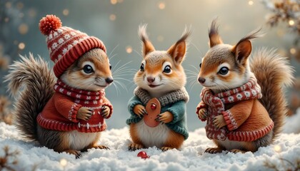 Fototapeta premium Cute squirrels in winter outfit on a snowy day.