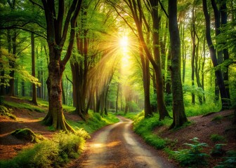 Obraz premium A winding dirt path weaves through a lush forest, sunlight filtering through trees, symbolizing a serene and