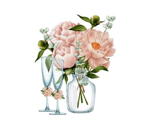 Bouquet of peonies, with eucalyptus in a glass vase, and wedding champagne glasses, watercolor illustration on white backgroun:. Delicate flowers for wedding decoration, holidays, birthdays 