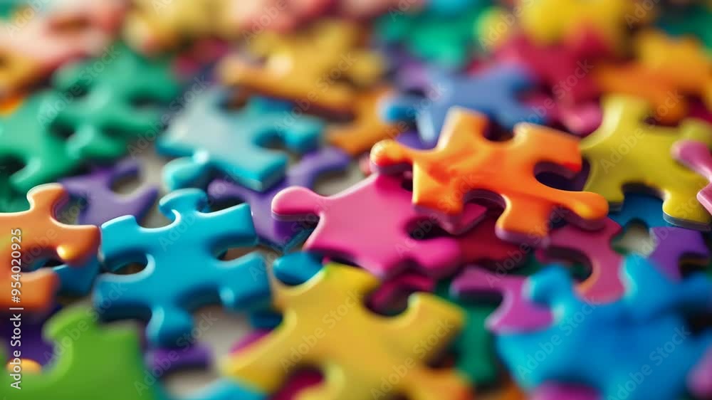 Poster close-up of colorful puzzle pieces, symbolizing problem-solving and creative thinking. ideal for con