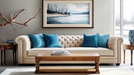 interior, contemporary living room, beige tufted sofa, aqua blue accent pillows, wooden coffee...