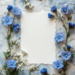 White paper and blue flowers