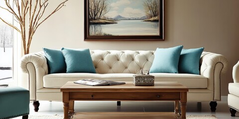 interior, contemporary living room, beige tufted sofa, aqua blue accent pillows, wooden coffee...