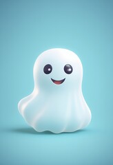 Cute Smiling Ghost Character on Blue Background