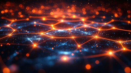 Obraz premium A close-up view of a digital network with glowing orange nodes and interconnected lines, representing futuristic data connectivity.