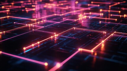 A cinematic representation of a glowing digital grid with vibrant pink and blue light paths, illustrating advanced technological circuitry.


