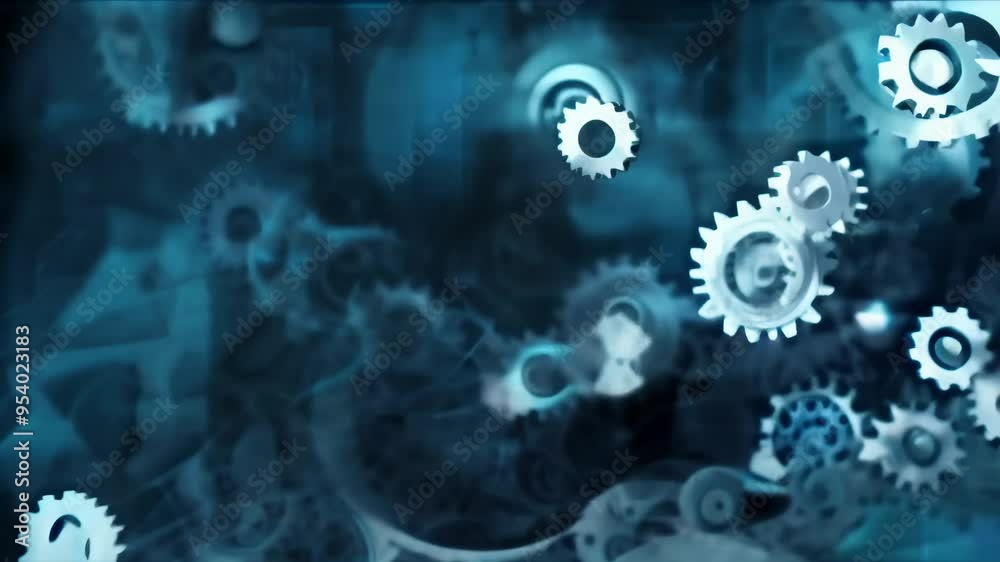Poster Blue abstract gears and mechanical elements with a futuristic design. Representing technology, innovation, and the mechanics of advanced robotics and industrial systems.