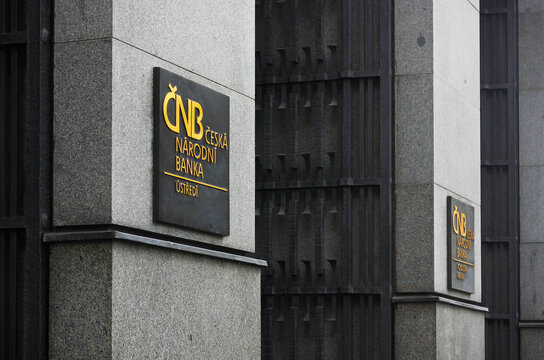 A detailed shot of the main entrance to the building of the Czech National Bank with the signboard "CNB Czech National Bank headquarters" in Na Prikopech Street in Prague. 