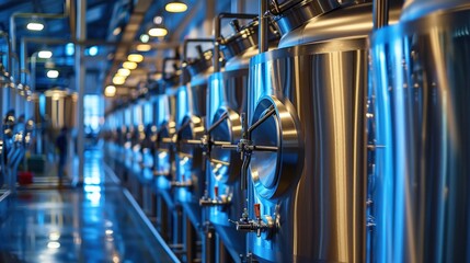 Brewery Tanks - Row of Shiny Metallic Tanks in Brewery Factory for Liquid Fermentation Process