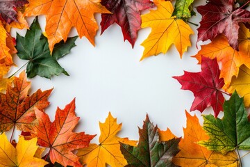 Fototapeta premium Autumn Maple Leaves Flat Lay White Background created with Generative AI