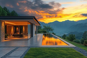 A large house with a pool and a patio overlooking a mountain range