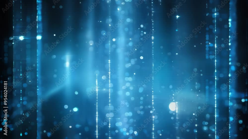 Poster Abstract background with blue vertical light streaks and bokeh effects. Represents futuristic technology and AI data streams.