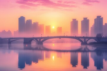 Bridge Over River at Sunrise/Sunset. City Skyline and Architecture Reflection in Water