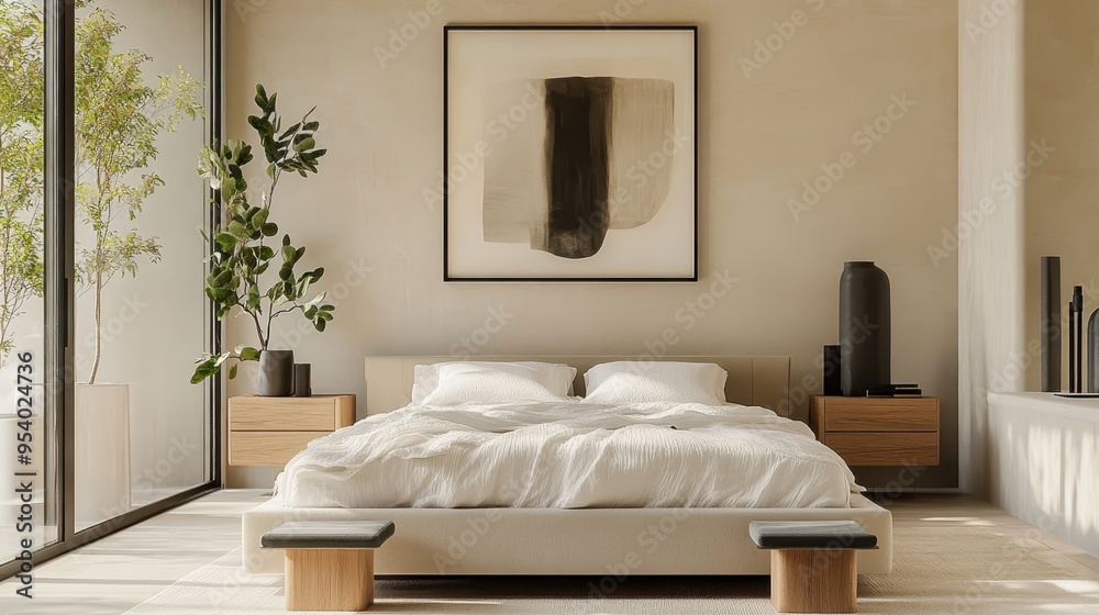 Wall mural An minimalist bedroom interior, soft neutral tones, king size bed with rumpled white linens, two minimalist wooden nightstands, potted plant, large window with natural light, framed abstract wall art,