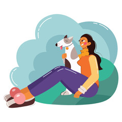 Woman with dog sitting in nature. Girl hugging dog. Summer camping, travel, trip, nature, journey, pet, dog walking concept. Isolated vector flat illustration for poster, banner, cover, postcard