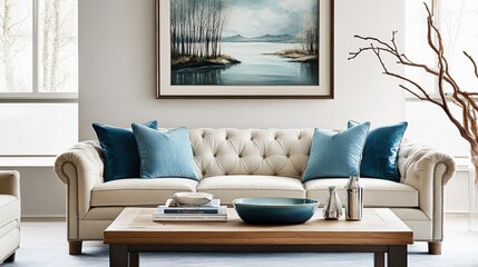 interior, contemporary living room, beige tufted sofa, aqua blue accent pillows, wooden coffee...