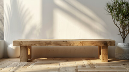 Wooden bench in sunlit minimalist room with plant.