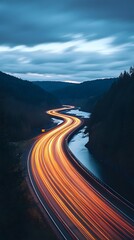 A long exposure photograph of the lights from cars on a highway at night