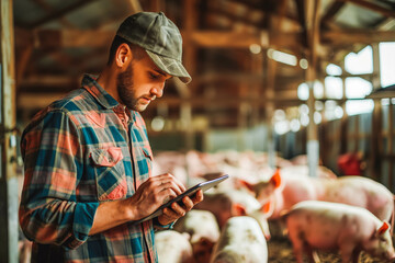 Shot of a young man using a digital tablet while working at a pig farm