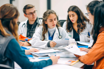 Obraz premium A small group of medical students gather around a table with a female doctor as she reviews policies and procedures. There are various files and papers scattered between them for reference