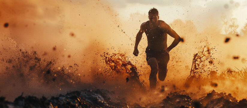 A man running through dirty mud competing in a tough mud competition banner with room for copy text