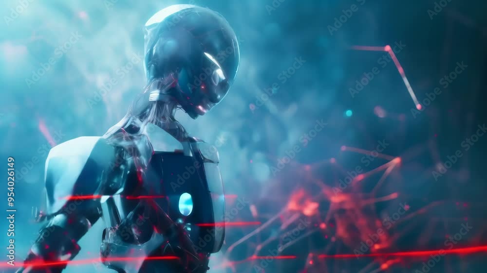 Poster futuristic cyborg in a digital network environment, representing advanced ai and technology. concept