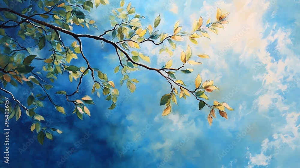 Poster a branch with green and yellow leaves against a blue sky with white clouds