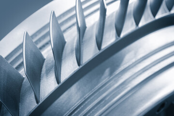 Part of a metal turbine printed on a 3D printer, new additive technologies concept background