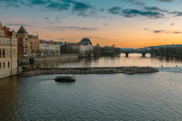 Beautiful winter sunset in Prague