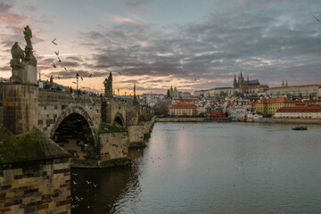 Beautiful winter sunset in Prague