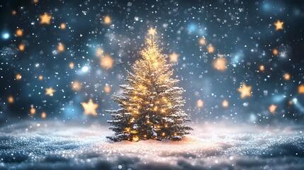 Serene and Magical Winter Scene featuring a Glittering Christmas Tree Surrounded by Twinkling Stars and Gently Falling Snow Creating a Dreamy and Festive Ambiance