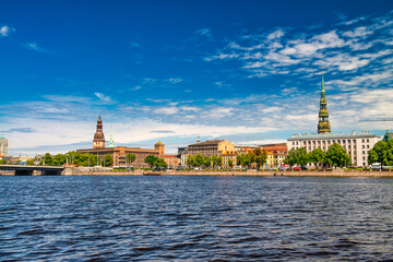Riga, Latvia - July 7, 2017: Riga skyline seen from the city river