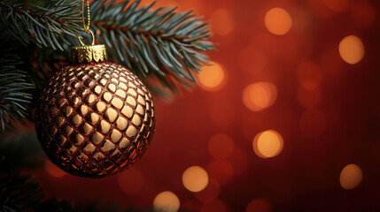 photo of christmas ball with snake scale texture hanging on a fir-tree branch, new year 2025, symbol, chinese horoscope, decor, winter, blurred background, postcard, holiday, celebration