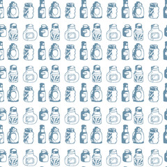 Obraz premium Seamless print pattern with jars and bottles with different food kitchen wallpaper background for textile, paper 
