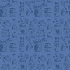 Seamless print pattern with jars and bottles with different food kitchen wallpaper background for textile, paper	
