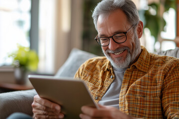 Obraz premium Close-Up of Senior Man With Tablet. Cheerful senior man sitting at home using digital tablet, depicting leisure and retirement lifestyle.
