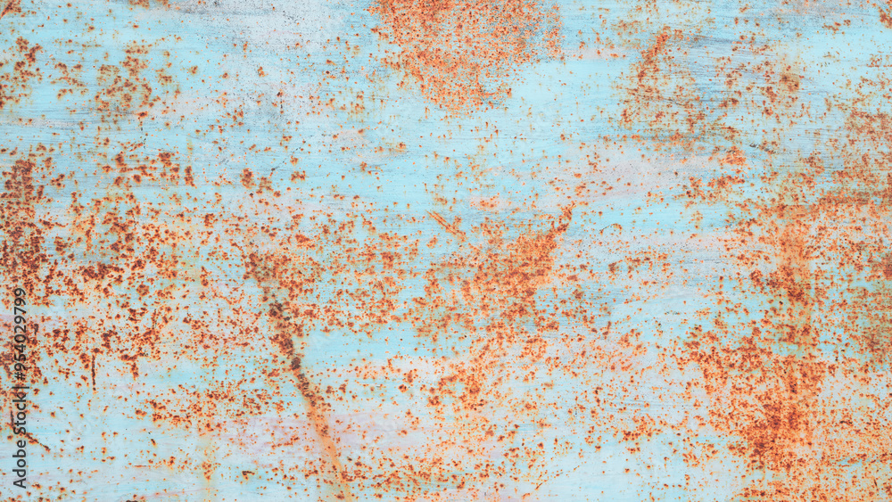 Poster a rusty metal surface with blue and brown spots. the surface is rough and has a lot of texture backg