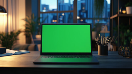 Evening Home Office with Green Screen Laptop. Laptop with green screen on a home office desk at night.
