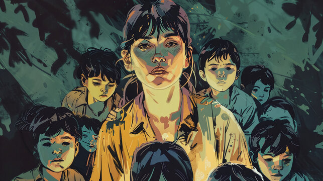 2d digital painting of motherhood concept panorama, a sad mother with kids, a woman with children cinematic digital painting, mother's day storytelling illustration, group of infants orphans - Powered by Adobe