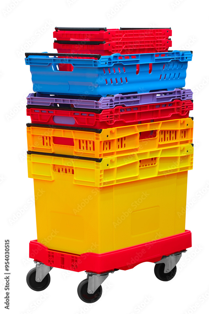 Aufkleber A stack of colorful plastic containers on a cart. The cart is yellow and red. The containers are stacked on top of each other in a pyramid shape isolated on white background