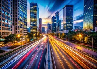 Blurred cityscape at dusk with streaks of light from speeding cars, capturing the frenetic energy and velocity of