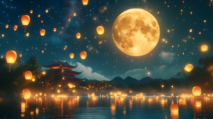 Naklejka premium Enchanting Mid Autumn Festival night scene with a glowing full moon sparkling stars and floating lanterns illuminating the serene magical sky creating a tranquil dreamy atmosphere