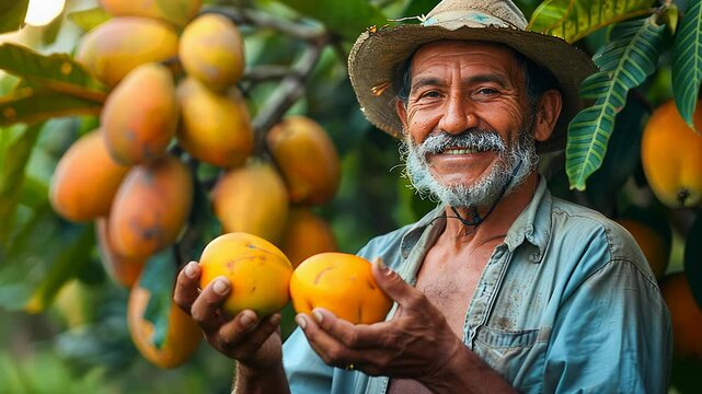 A Brazilian farmer smiles while holding ripe mangoes, showcasing his successful harvest amidst lush, fruit-laden trees on a sunny day.