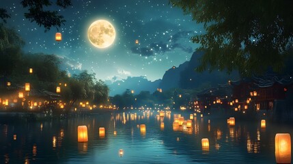 Serene river scene with floating lanterns under a sky filled with sparkling stars and a radiant full moon creating a dreamy and atmospheric setting for the traditional Mid Autumn Festival