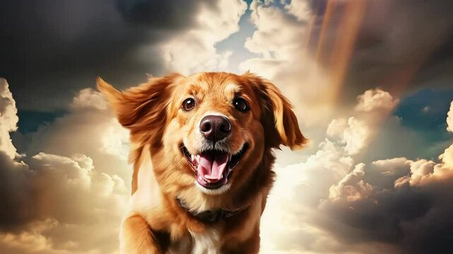 A happy golden retriever runs energetically with its tongue out, enjoying a sunny afternoon at the park. In memory of all deceased pets